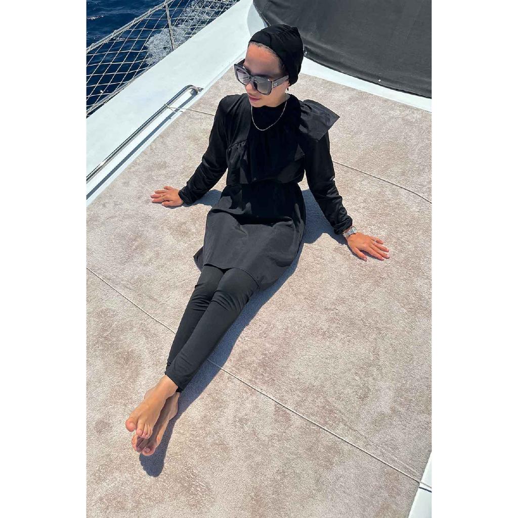 Ruffle Detail Fully Covered 2-piece Hijab Swimsuit - Black