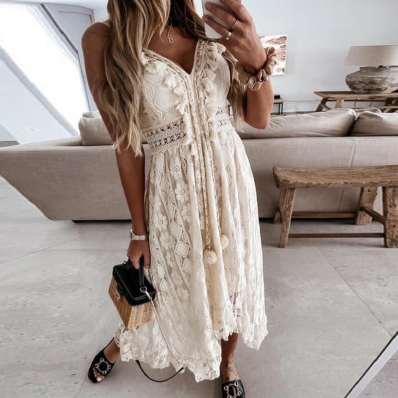 V-Ausschnitt Lace Up Cover Up für Frau Sexy Spitze Lose Einfarbig Strandkleid