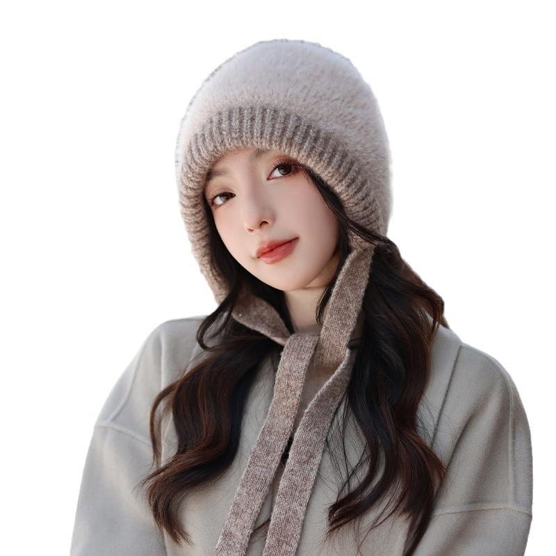 Autumn and Winter Hats for Women Windproof and Warmth Thickened Knitted Wool Hats Fashionable and Versatile Casual Big Head Ear Protection Hat
