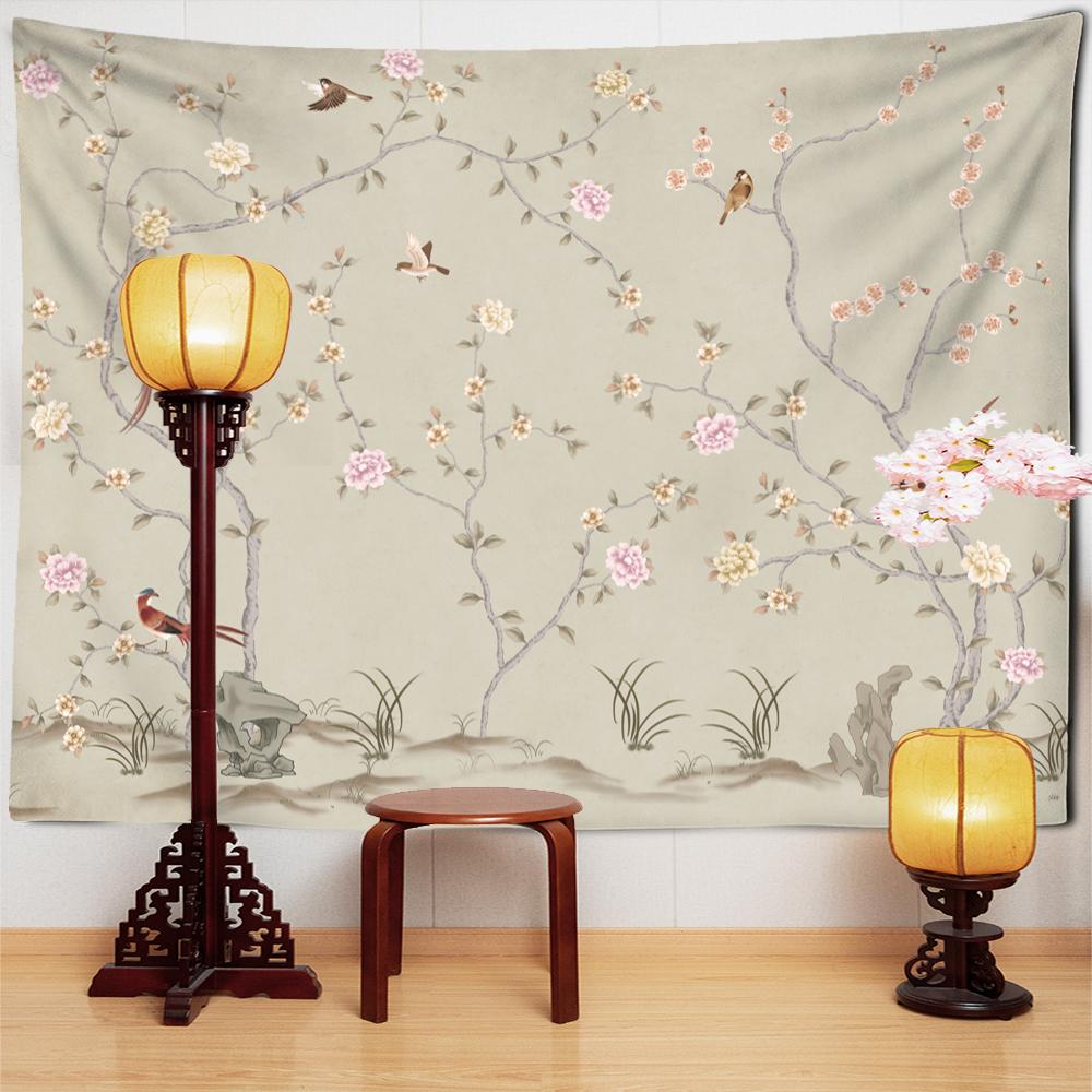 Obraz Kwiaty i Ptaki Orchidea Świeży Gobelin do Powieszenia na Ścianie Prosty Chiński Styl Boho Dekoracja Pokoju w Akademiku