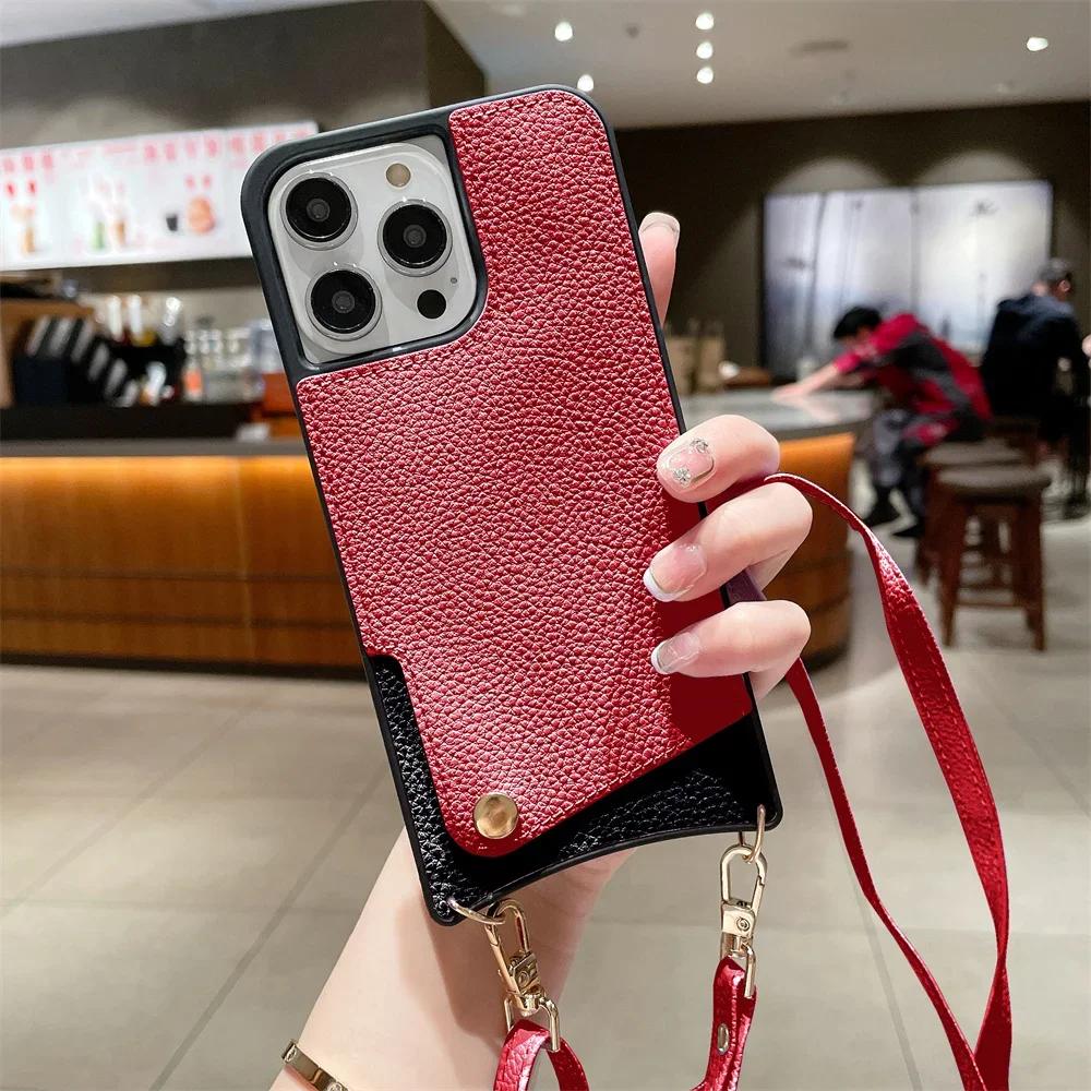 Husă de telefon tip portofel crossbody pentru iPhone 16E 16 15 14 Plus 13 12 11 Pro Max, husă din piele cu suport pentru carduri și curea din frânghie