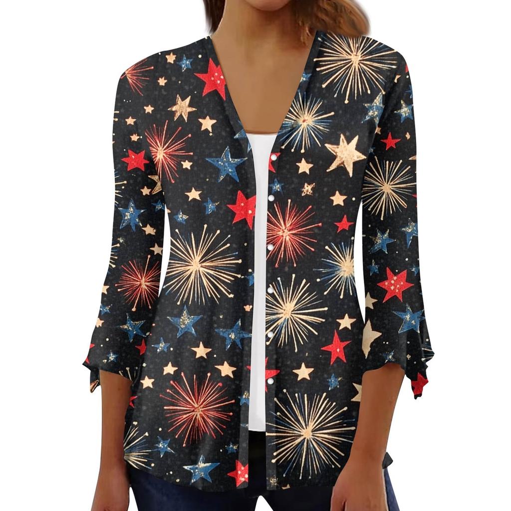 Women's Loose Casual Independence Day Printed Seven Sleeve Button Down Shirt Cardigan Top
