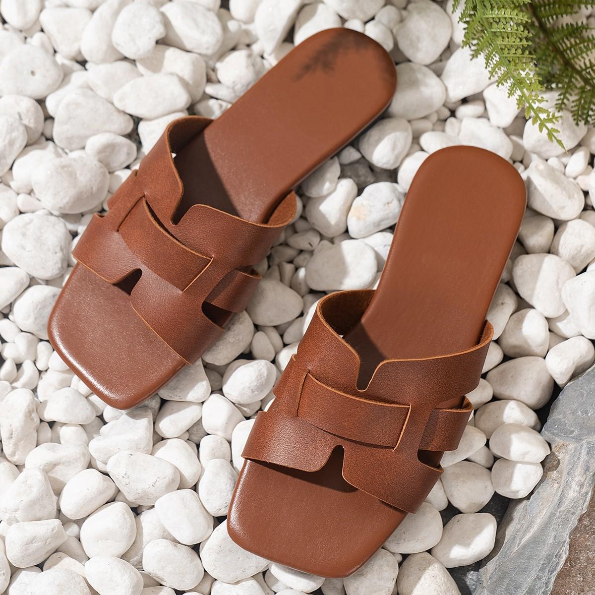 

2024 осень новые женские туфли с плоским дном и квадратным носком кожаные тапочки женские сандалии большого размера женские 36 коричневый