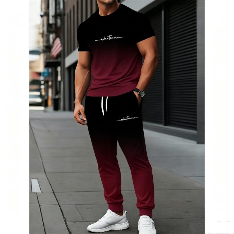 Men's summer short-sleeved and long pants casual two-piece set, sporty loose with pockets