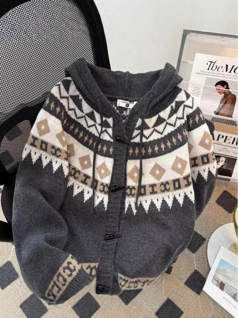 Unisex Fair Isle Horn Button Hooded Knit Cardigan Coat - Autumn/Winter Korean Style
