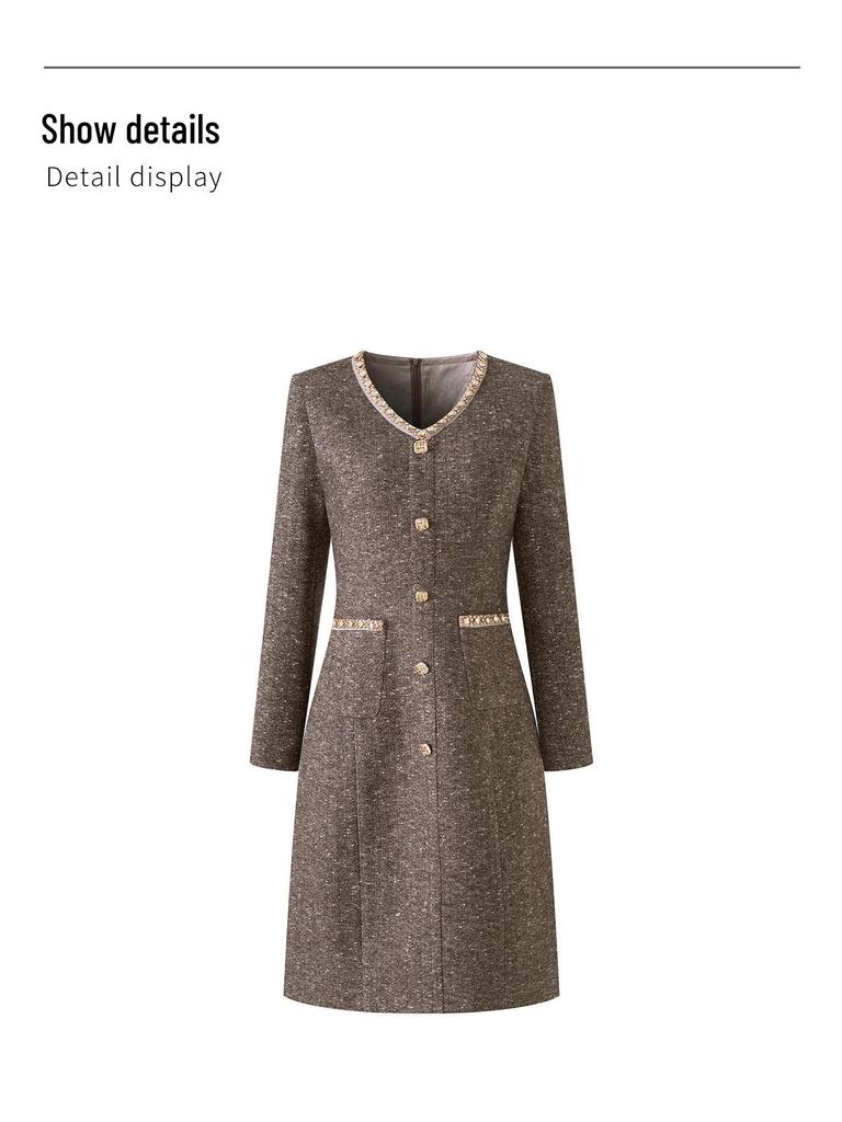 Kadınlar İçin Taşlı Yaka, Şık Sosyetik, Altın İplikli Balıksırtı Yün Elbise