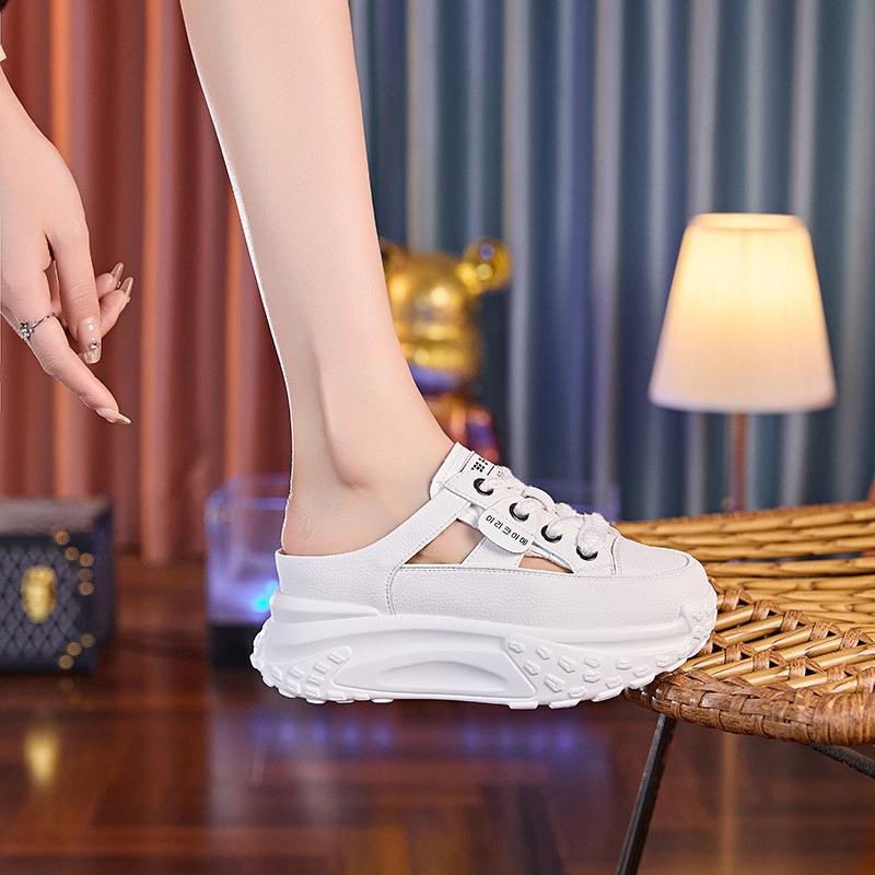 Baotou cool slippers women's outer wear 2025 summer new versatile thick-soled mesh hollowed out half-drag inner height-increasing casual shoes