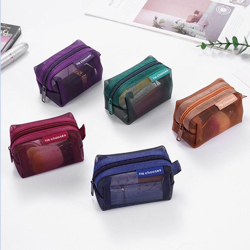 Retro Color Transparent Cosmetic Bag Zipper Toiletry Storage Bag Casual Mesh Makeup Bag  Lady