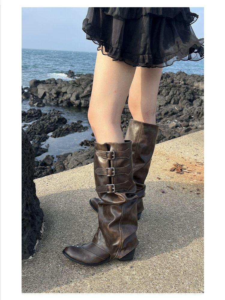 Z Women's Brown Western Cowboy Pleated Slouchy Knee-High Riding Boots with Pointed Toe