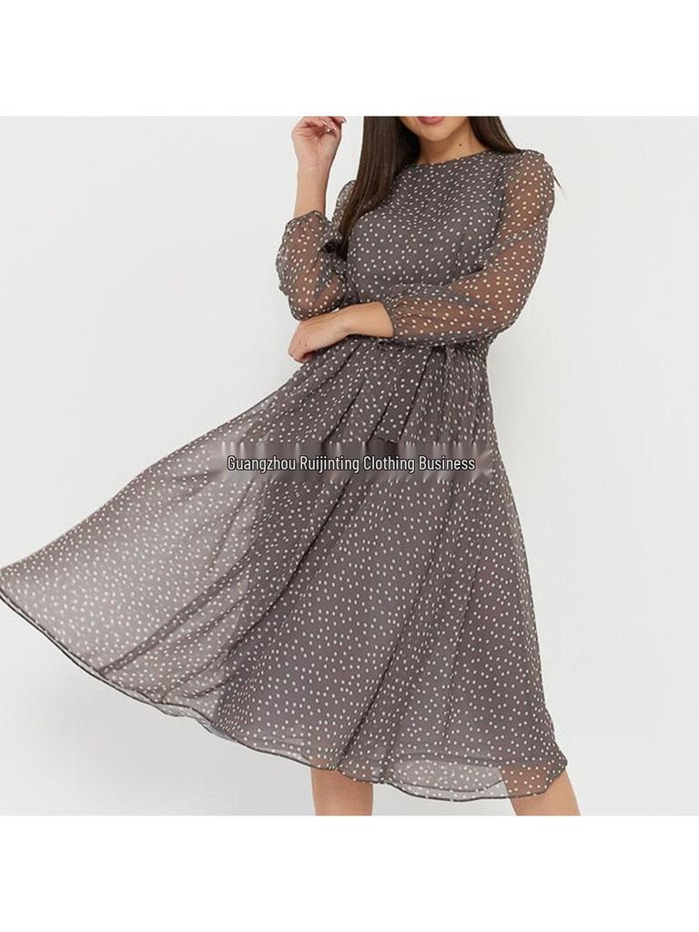 Spring/Summer 2023 Chiffon Polka Dot Long Sleeve Formal Dress (Coffee/Black)
