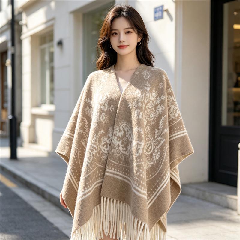 High-End Imitation Cashmere Winter Shawl - Ink Painting Style Versatile Warm Thickened Tassel Cloak for Women