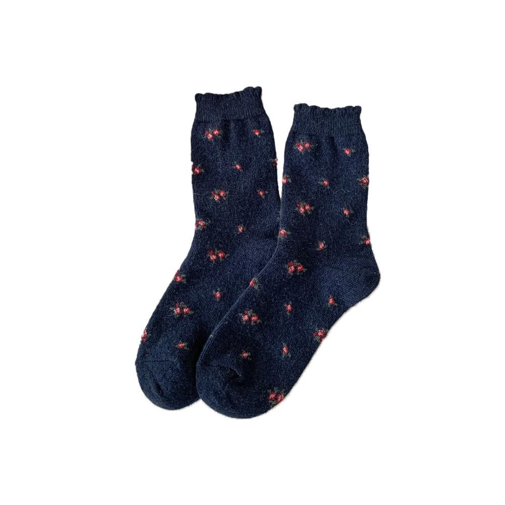 Retro Floral Wool Socks, Pile Socks, Thick and Warm Floral Fringed Socks for Autumn and Winter
