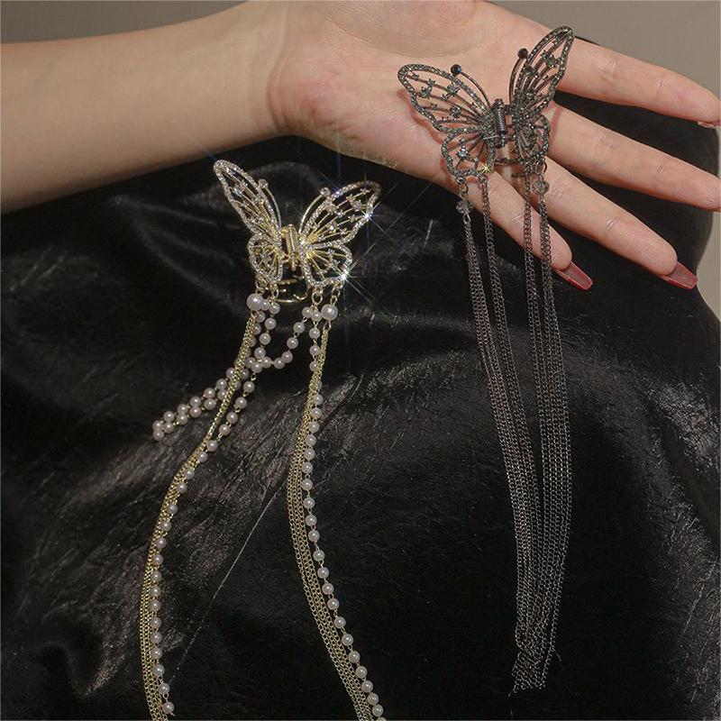 New Crystal Rhinestone Butterfly Pearl Tassel Hairpin Korean Simple Hollow Out Pearl Rhinestone Hair Clip Side Clip Shark Clip