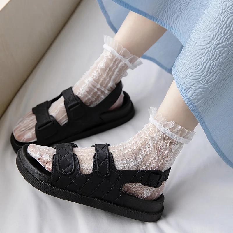 Japan Style Sexy Lace Ruffle Socks Ultra-thin Transparent Summer Hollow Mesh Crew Socks Women Fashion Harajuku Retro Long Socks