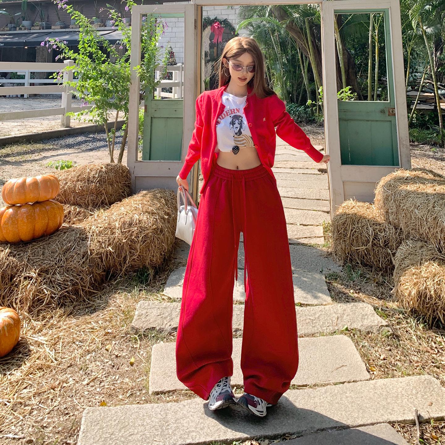 Red Retro Wide-Leg Drawstring High Waist Tapered Pants - Women s Spring 2026 Collection M