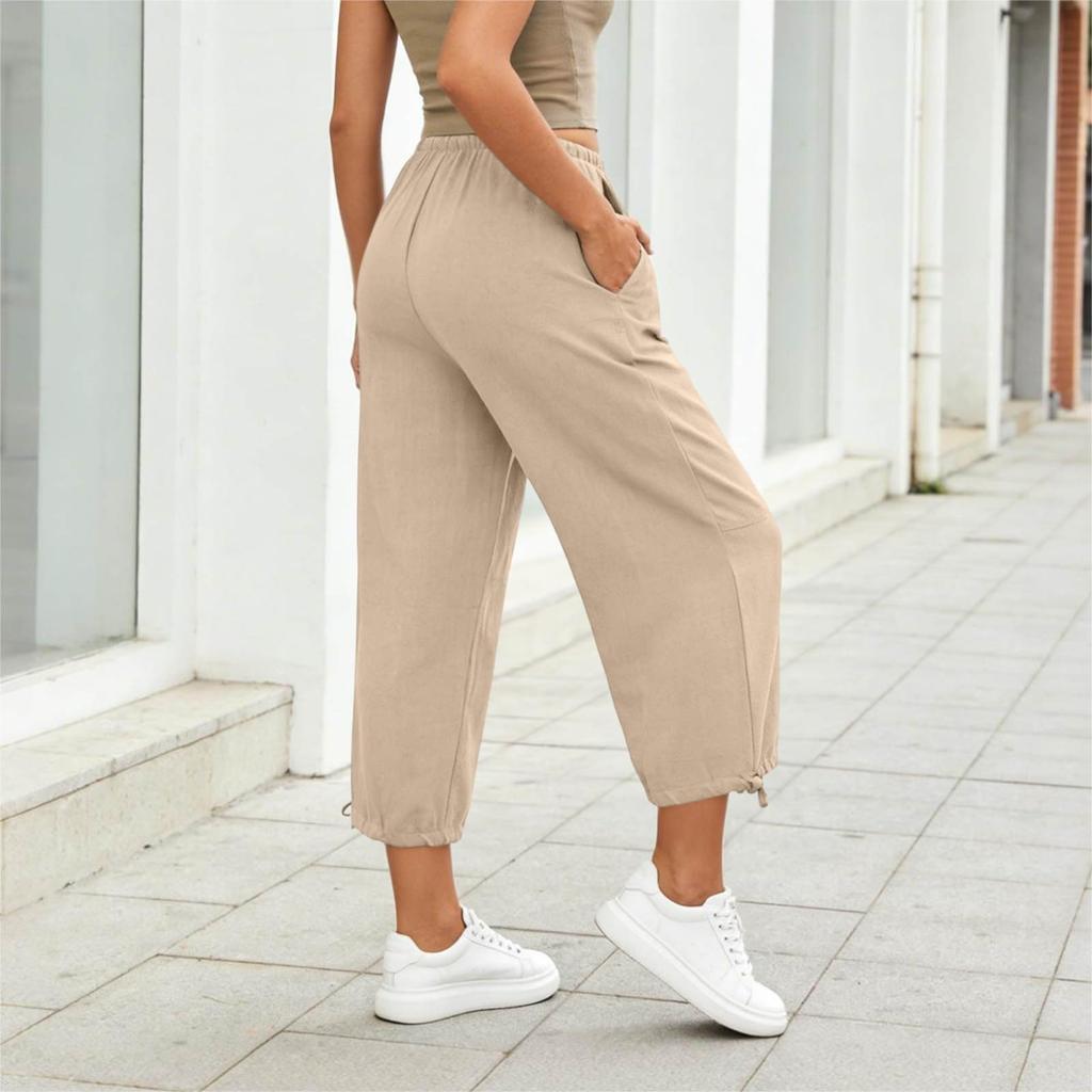 Damen Elastische Hohe Taille 3/4 Hose Lässige Passform Weite Capri-Hosen mit Taschen