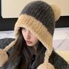 Fashion Autumn and Winter Splicing Knitted Ball Hanging Plush Hat Women Fluffy Plush No Eaves Hat Warm Thickened Plush Ear Hat