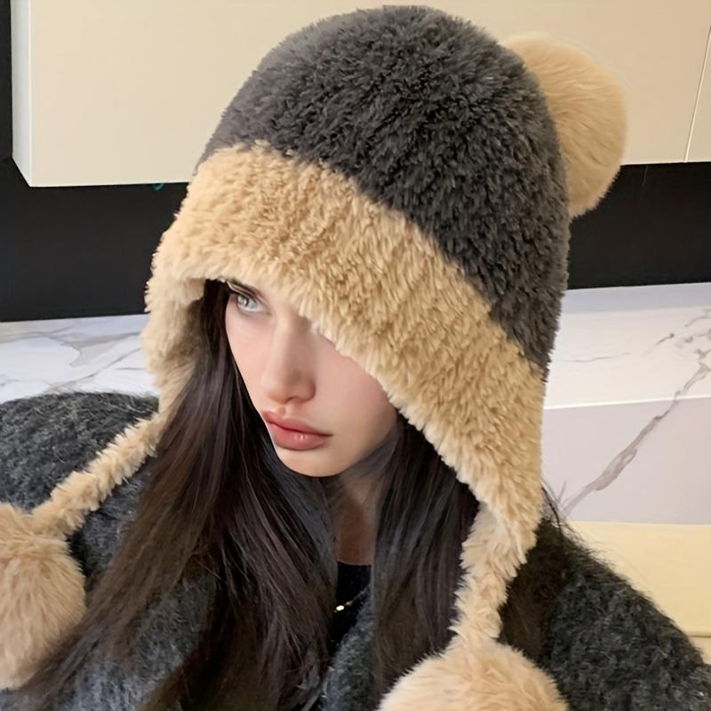 Fashion Autumn and Winter Splicing Knitted Ball Hanging Plush Hat Women Fluffy Plush No Eaves Hat Warm Thickened Plush Ear Hat