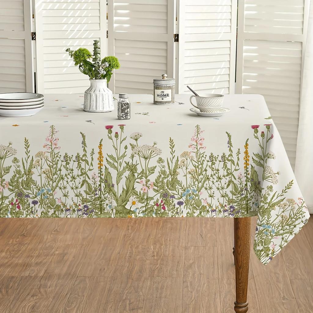 Polyester Vintage Frühling und Sommer Blumen Tischdecke, frische Wildblumen und Wildgras Polyester Tischdecke, waschbar