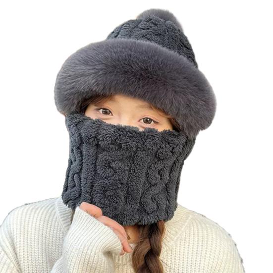 Gorro Pulôver 3-em-1 Gorro de Tricô Cor Sólida Decoração de Bola de Pelúcia Forro de Lã Cachecol Máscara Facial Chapéu Acessórios para Clima Frio