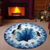 Winter Wonderland Round Rug Penguin Ice Hole Design on Deep Blue Snowflake Accent Circle Carpet for Nursery Seasonal Home Decor