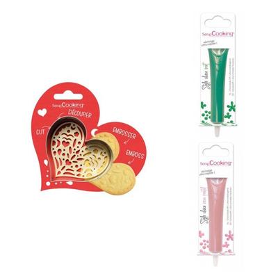 Kit för relieffkex Hjärta + 2 pennor med grön och ljusrosa choklad