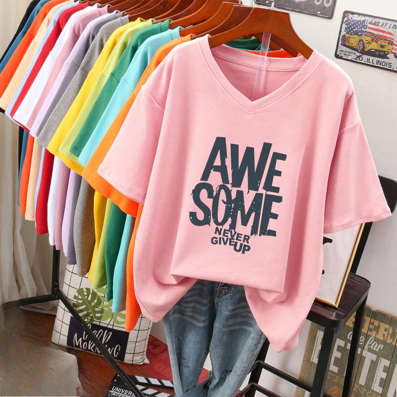 Short-sleeved T-shirt, Loose-fitting, Slimming Printed V-neck Top for Women