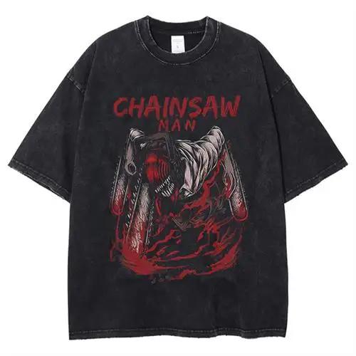 Hot Anime Graphic T-shirt Chainsaw Man Vintage Washed T Shirt for Short Sleeve Oversized T-shirt Top Clothing Tshirt