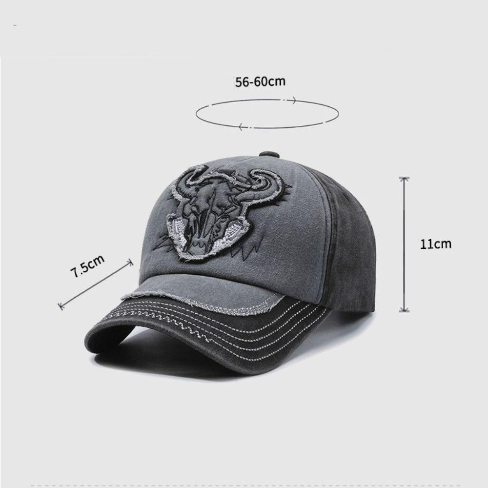 Washed Cotton Bull Head Embroidered Baseball Cap Hip Hop Adjustable Sun Hat Sunscreen Distressed Peaked Cap For Man Women Unisex