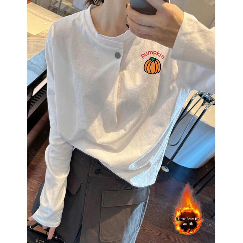 

Women s Korean Style Smile Print Thermal Fleece Round Neck Long Sleeve T-shirt: Autumn Winter Loose, Slimming, High-End Feel. Medium