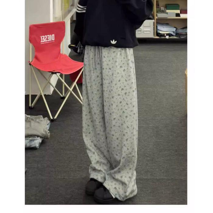 

Retro Grey Floral Wide-Leg Casual Pants - Women s Early Autumn Elastic Waist Slimming Trousers M