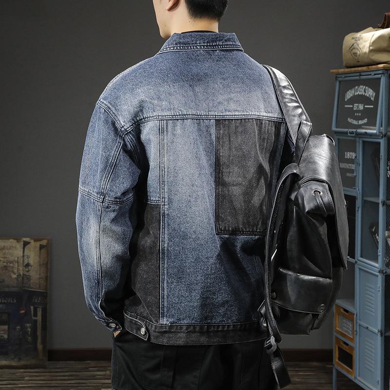 American Trendy Brand Contrasting Color Splicing Denim Jacket Men'S Loose Large Size Retro Washed Tooling Denim Jacket