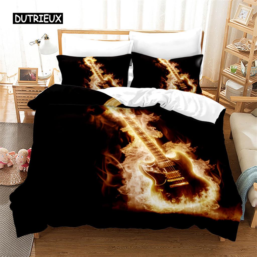 Guitar Queen Duvet Cover Rock Music Theme Bedding Set Grunge Color Splashed Brick Wall Background Electronic Guitar Mics Design
