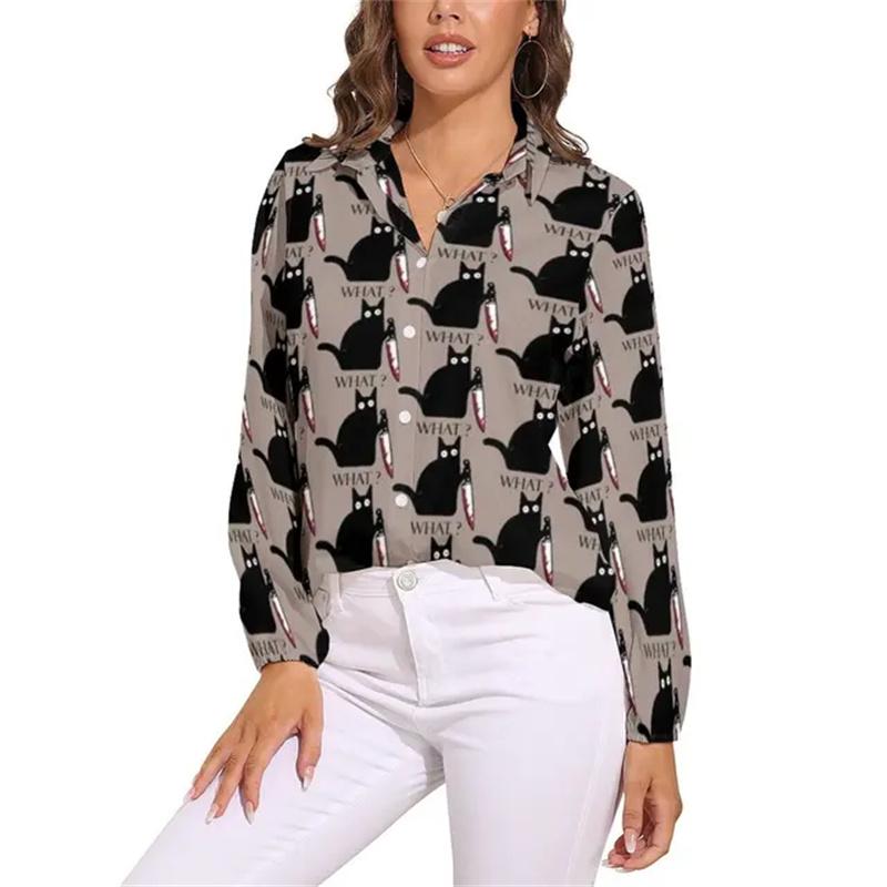 Black Cat Blouse For Women Cute Classic Cat Print Loose Blouses Long Sleeve Kawaii Shirts Spring Casual Clothing Big Size Blouse