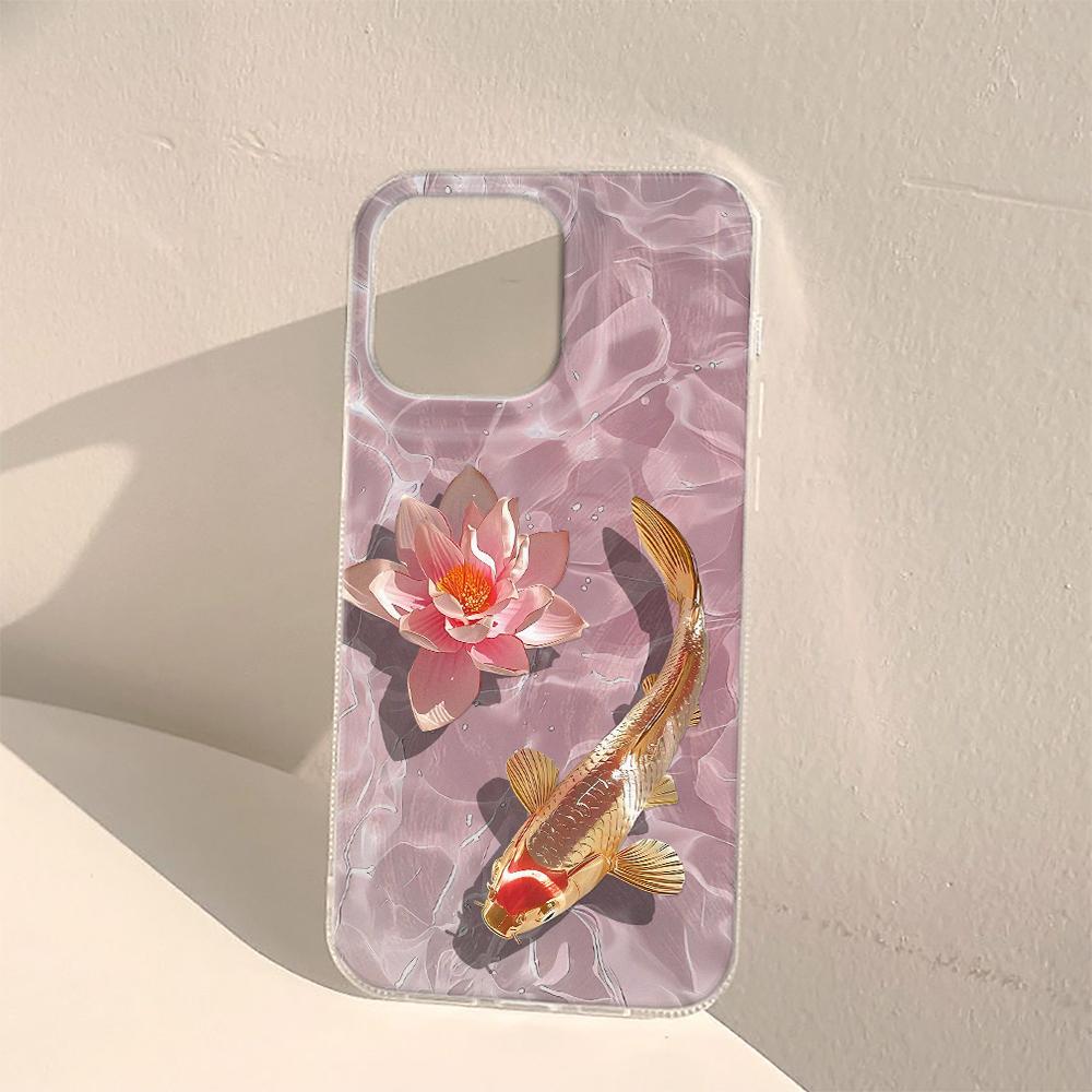 Golden Carp Lotus Flower Phone Case For iPhone 11 12 13 14 15 16 Pro Max XS XR X 7 8 Plus Silicone Soft Cover