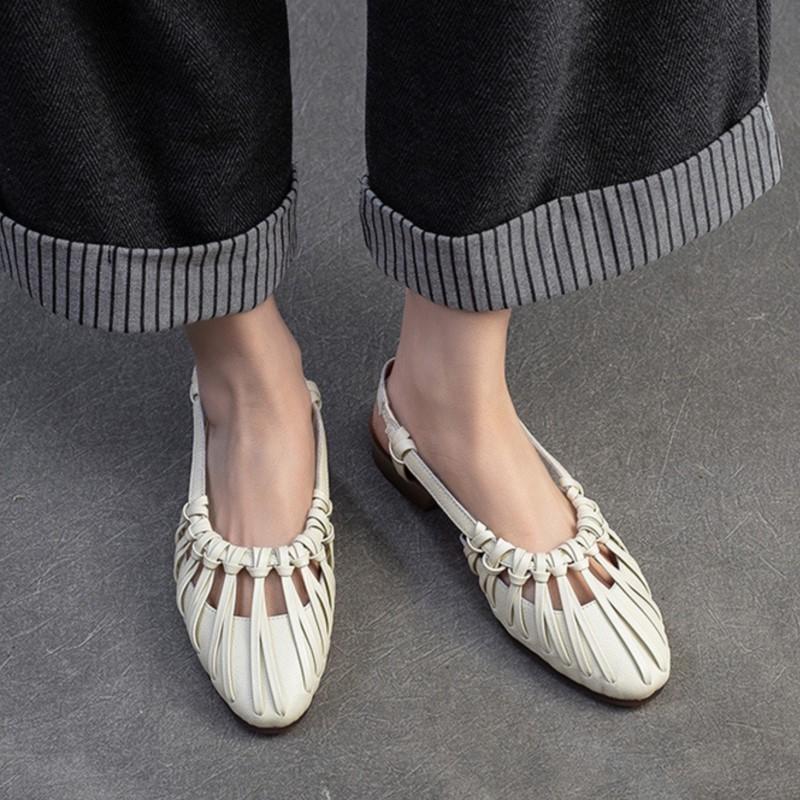 Johnature Gewebte, ausgehöhlte römische Sandalen mit niedrigem Absatz, echtes Leder, weiche Sohle, lässige, vielseitige Damenschuhe