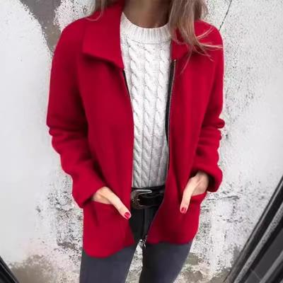 Herbst Winter Damen Kragen Einfarbig Reißverschluss Tasche Jacke Mittellange Damenjacke