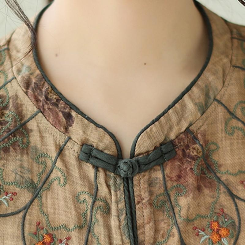 Ženy Letní Košile Ležérní Čínský Styl Vintage Květinová Výšivka Volné Dámské Bavlněné Lněné Topy Košile