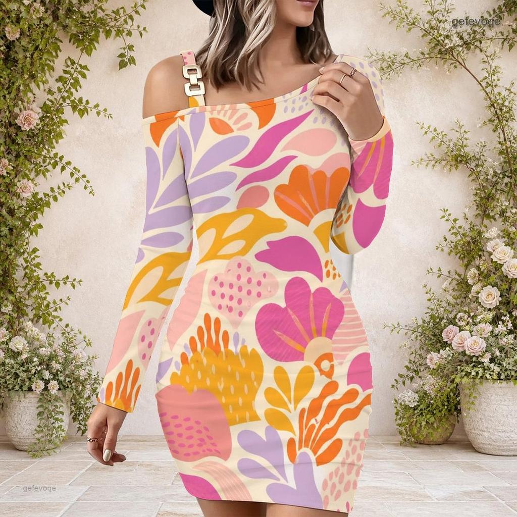 Ladies Plus Size Asymmetric Diagonal Shoulder Long Sleeve Dress