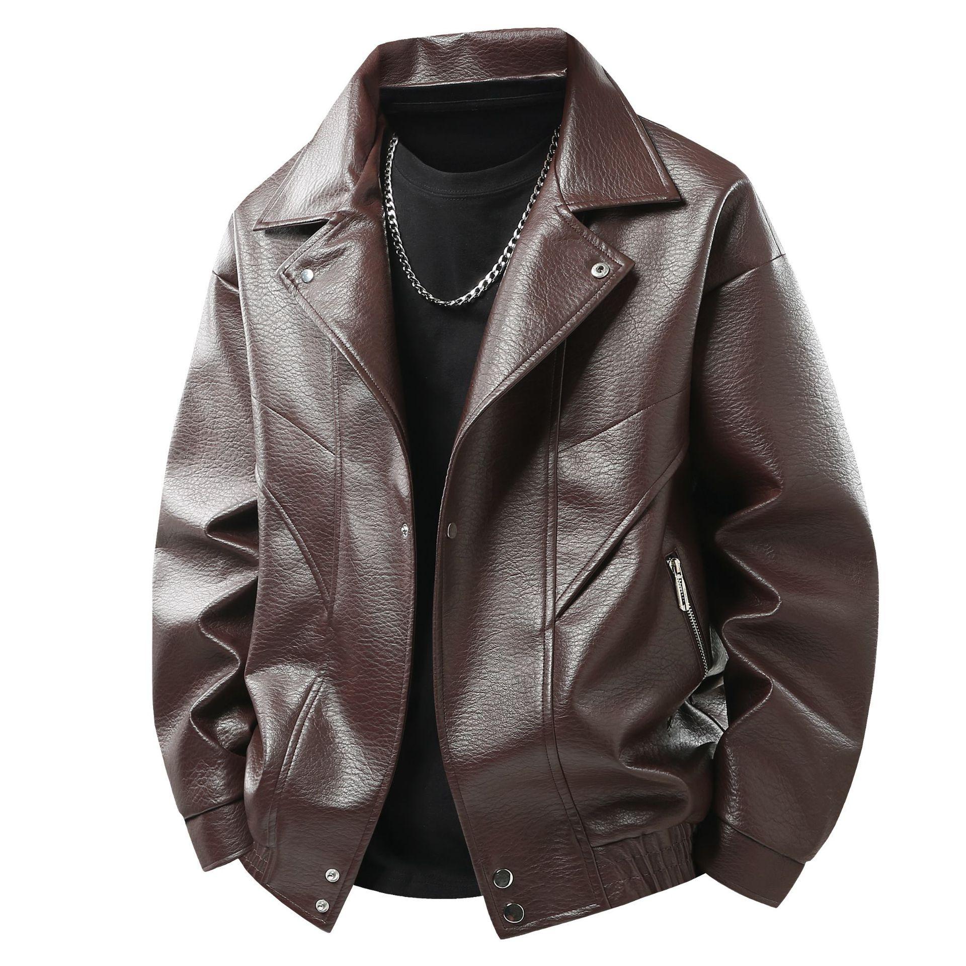 

New pu leather jacket Korean version trendy handsome locomotive jacket men s lapel top 3XL коричневий