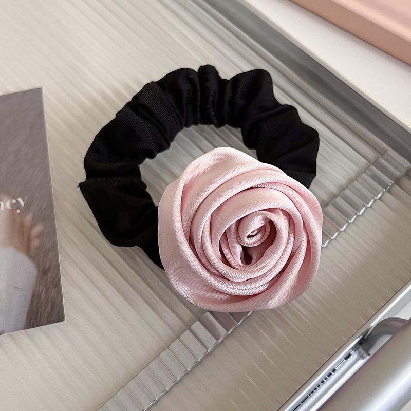 Fashion Handmade Satin Rose Flower Hair Ring Womans Elegant Headband High Elastic Rubber Band Tie Ponytail Hair Rope Headdress