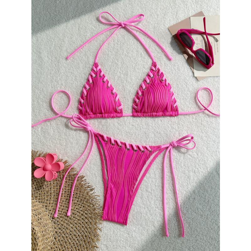 Sexy Triangle Bikini Set New Solid Color Textured Ribbed Halter Lace Up Tie Side Summer Beach Vacation Ins Fashion Swimwear
