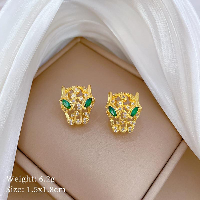 Green-Eyed Leopard Zircon Micro-Inlaid Necklace Earrings Set Light Luxury Personalized Temperament Earrings Necklace Combination