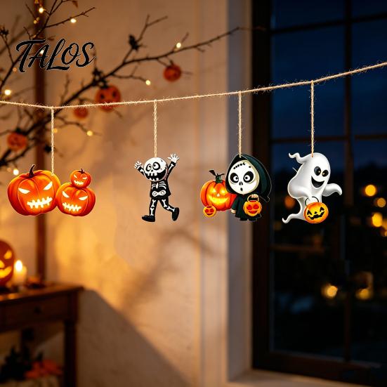Halloween Wall Hanging 6Pcs Wooden Decoration, Ghost Pumpkin Eyeball Indoor Outdoor Decor Ornament with Rope, Spooky Holiday Party Pendant