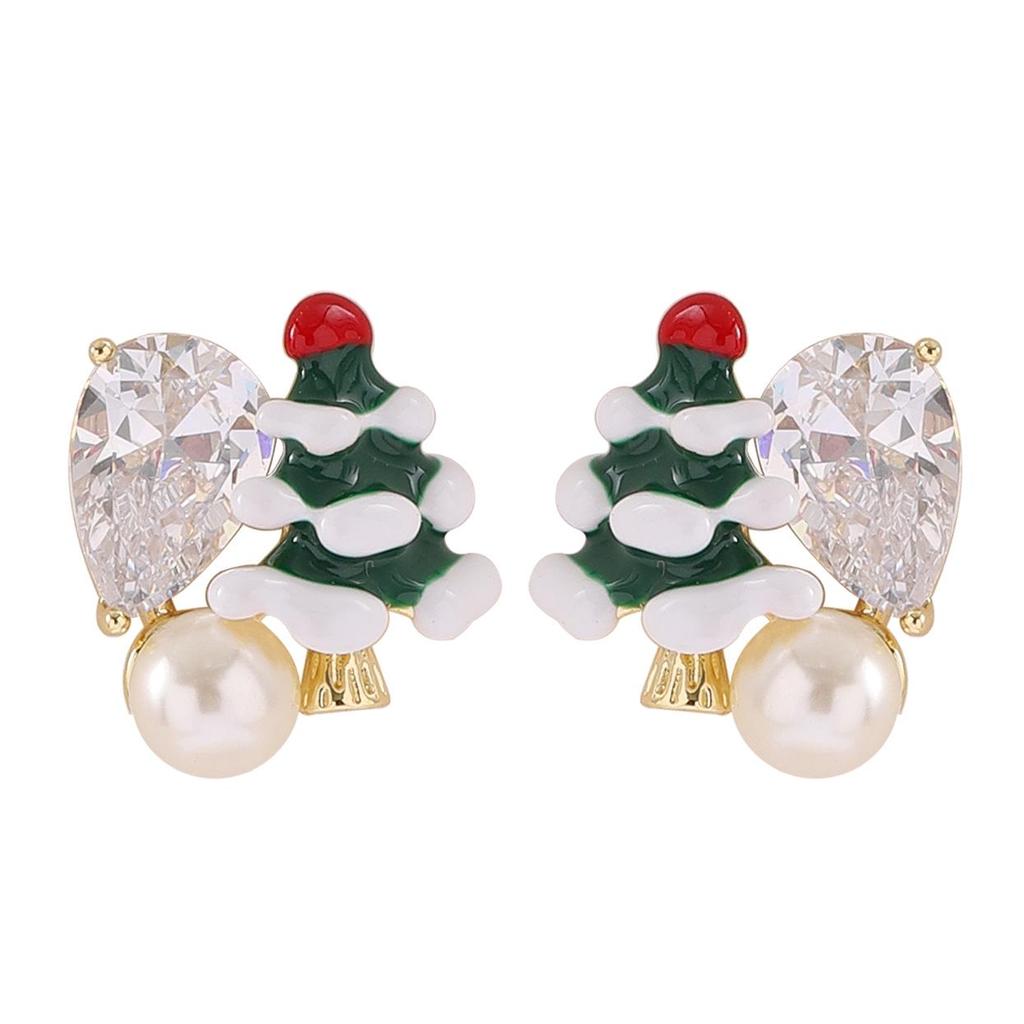 14K Gold-Plated Christmas Tree Drop Earrings with Silver Studs for Women