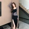 Spice Girl Pure Desire Square Neck Split Dress Autumn New Women's Clothing Waist Splicing Hip Wrap Medium and Long Dress