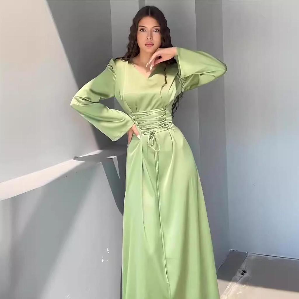 2024 Spring V-Neck Bandage Waist Slimming Long Sleeve Dress for Socialites
