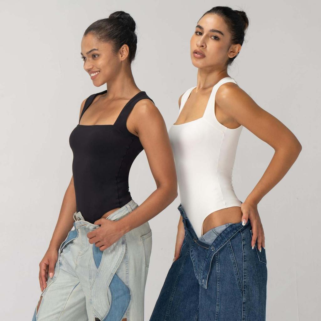 Ärmellose Damen-Bodys mit quadratischem Ausschnitt und Tanga, sexy Bauchkontrolle, Tanktops