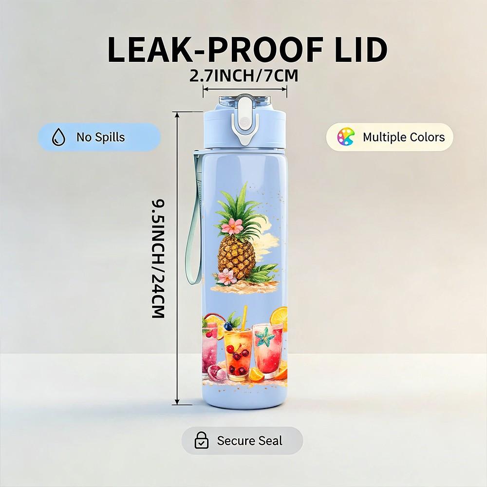 1PC Tropical Pineapple Palm Beach Print 750ml Color Plastic Sports Water Bottle Leakproof Flip Straw Lid Suitable for Sports Office Home Use