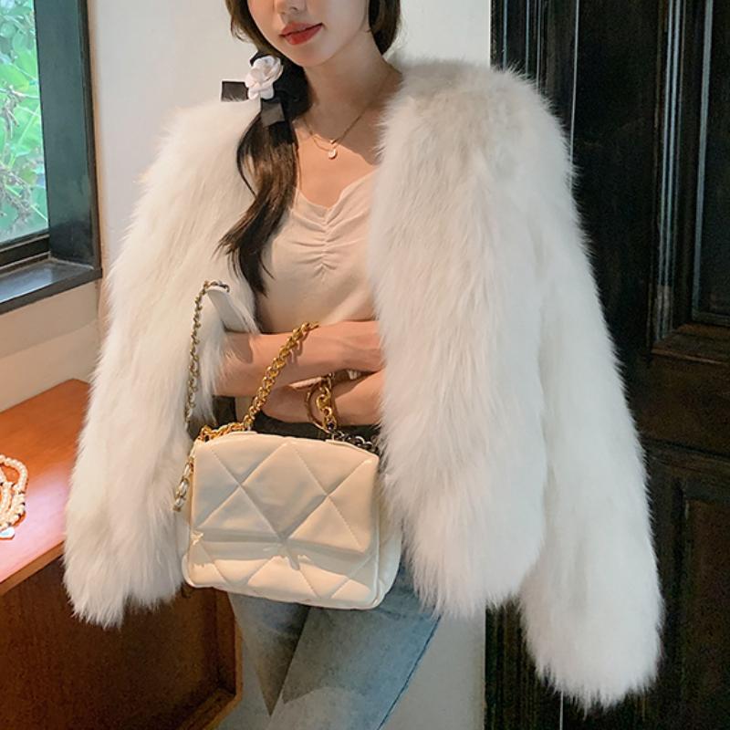 Autumn Long Sleeve Loose Plush Fox Fur Coats Women Fashion Soft Warm Short Winter Jackets Women Tops Solid Elegant Street Loose Lady Jacket Coat 25878
